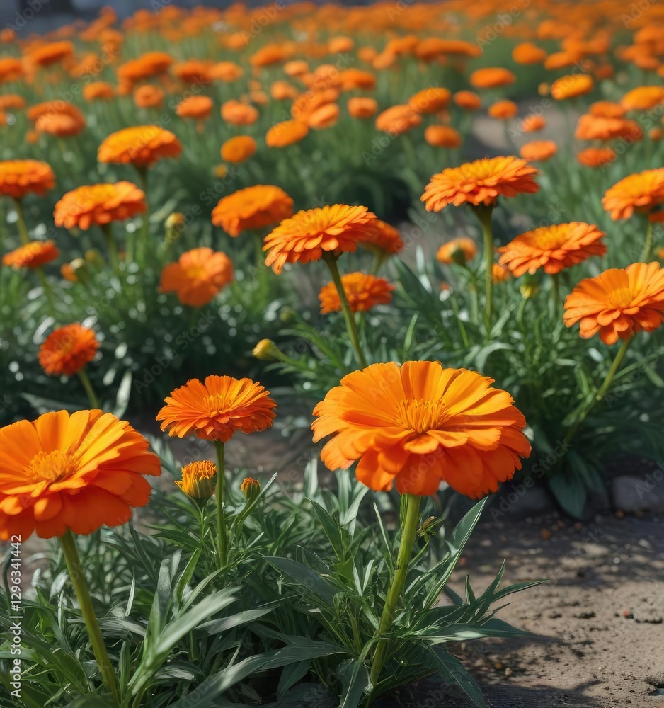 Vibrant orange marigold flowers swaying in the gentle autumn breeze, flowers in bloom, autumn, orange marigolds Vibrant orange marigold flowers swaying in the gentle autumn breeze, flowers in bloom, autumn, orange marigolds