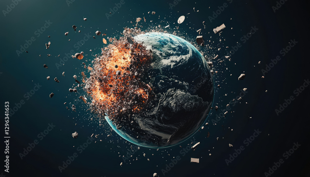 Obraz premium A visually striking depiction of Earth exploding, with debris and flames, symbolizing destruction and chaos in a dark cosmic setting.
