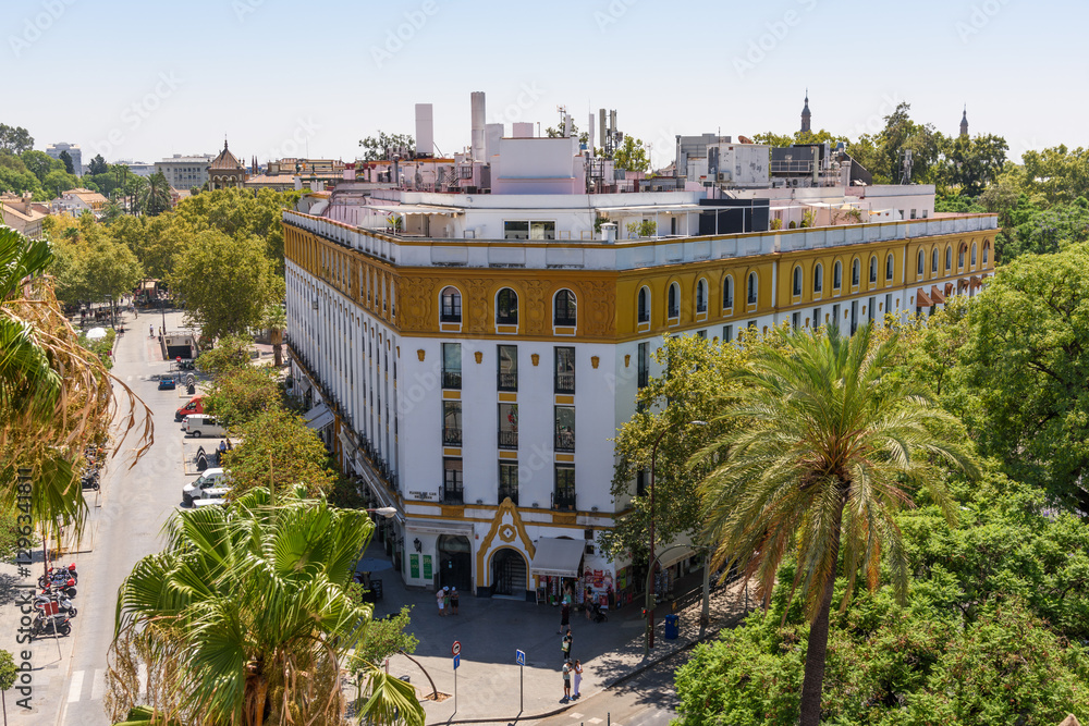 Seville, Spain - August 01, 2024: Walking the streets of the old town of Seville, Spain.