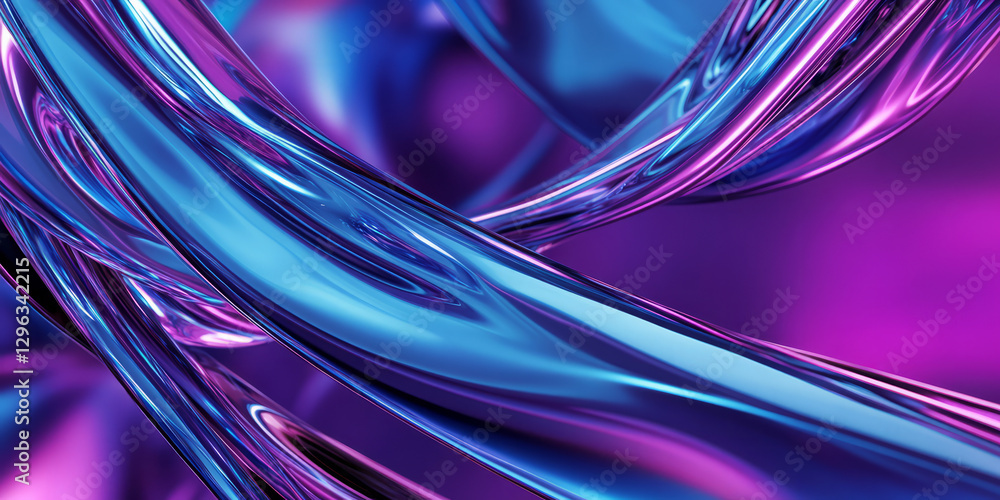 A hypnotic 3D abstract background featuring fluid metal ribbons, smoothly transitioning between glowing neon blues and purples. The reflections and intricate textures enhance the sci-fi cybernetic A hypnotic 3D abstract background featuring fluid metal ribbons, smoothly transitioning between glowing neon blues and purples. The reflections and intricate textures enhance the sci-fi cybernetic