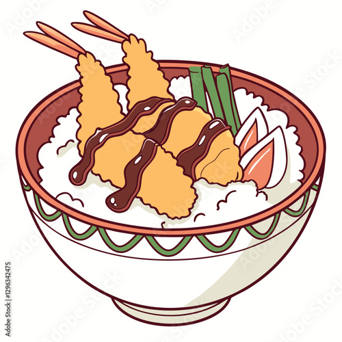 A vibrant donburi bowl with mixed tempura over rice, drizzled with a light soy-based sauce, on a clean white background.