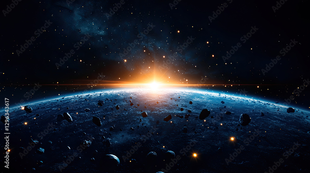 A breathtaking view of Earth from space, showcasing a glowing sunrise amidst a backdrop of stars and cosmic debris. A breathtaking view of Earth from space, showcasing a glowing sunrise amidst a backdrop of stars and cosmic debris.