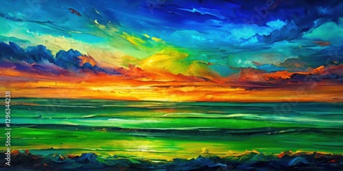 Vibrant Sunset Over a Serene Ocean An Impressionistic Painting of Colorful Clouds and Tranquil Waves