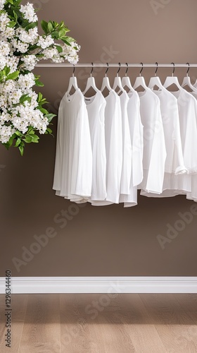 Wallpaper Mural Bright flat lay showcasing white hangers adorned with spring flowers, providing an inviting space for fashion promotions and branding Torontodigital.ca