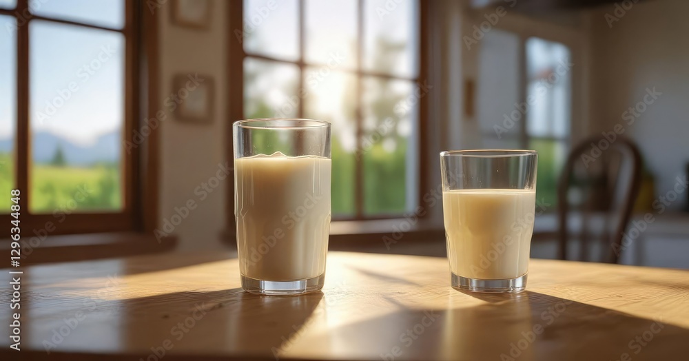 Warm sunlight pours through the kitchen window onto a glass of fresh milk on the table , dairy, kitchen Warm sunlight pours through the kitchen window onto a glass of fresh milk on the table , dairy, kitchen
