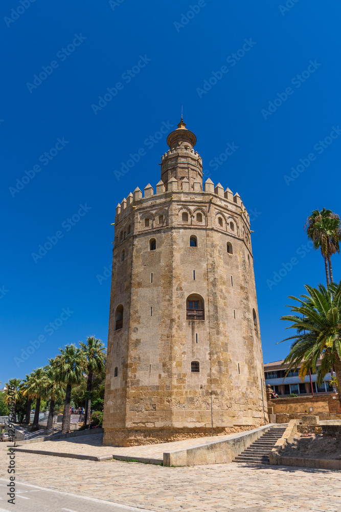 Seville, Spain - August 01, 2024: Torre del Oro Tower of Gold in Seville
