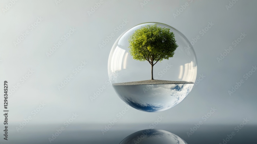 Earth's Embrace: A Tree in a Glass Globe - A miniature world: tree, earth, water, glass, life; symbolizing nature, fragility, protection, hope, and the environment Earth's Embrace: A Tree in a Glass Globe - A miniature world: tree, earth, water, glass, life; symbolizing nature, fragility, protection, hope, and the environment