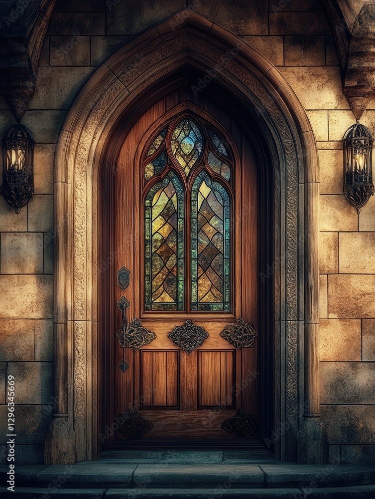 a polished wooden door featuring a stained glass window and ornate metal hinges, framed by smooth sandstone walls a polished wooden door featuring a stained glass window and ornate metal hinges, framed by smooth sandstone walls