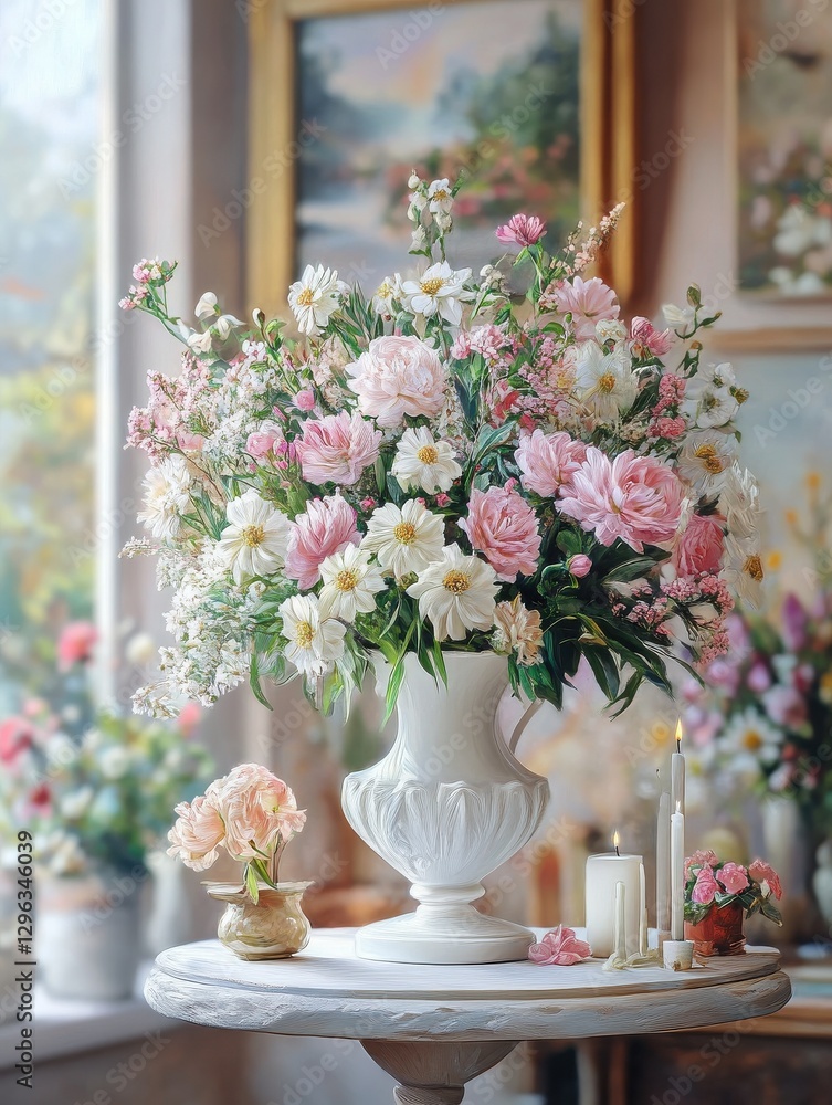 Fototapeta premium Fresh flowers in white vase placed on a small table in bright room interior with paintings, potted plants and candles on shelves in blurred background