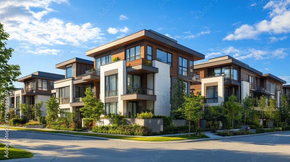 New Modern Apartment Buildings in Vancouver BC. Canadian modern residential architecture on sunny day. Canadian modern residential architecture, low-rise new townhouses. Neighborhood modern houses New Modern Apartment Buildings in Vancouver BC. Canadian modern residential architecture on sunny day. Canadian modern residential architecture, low-rise new townhouses. Neighborhood modern houses