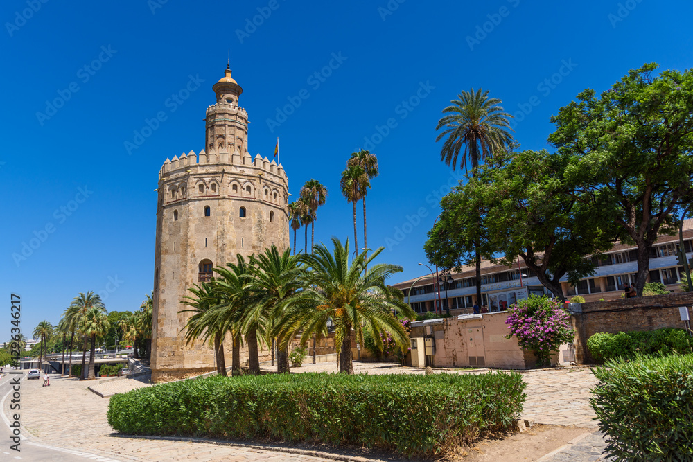 Seville, Spain - August 01, 2024: Torre del Oro Tower of Gold in Seville