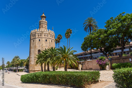 Obraz na płótnie Seville, Spain - August 01, 2024: Torre del Oro Tower of Gold in Seville w salonie