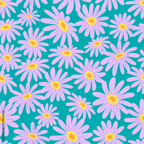Beautiful purple aster floral in blue background, seamless pattern perfect for fabric and wallpaper