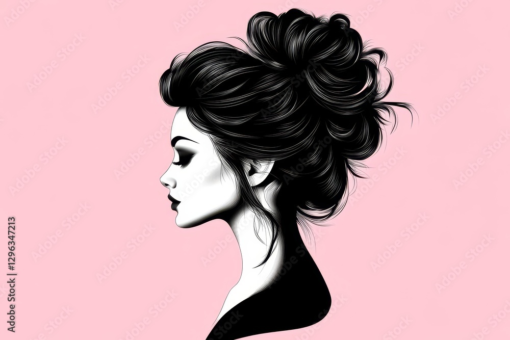 Elegant Woman Profile with Updo - Stylish black and white illustration of a woman's profile with a high messy bun hairstyle against a pink background Elegant Woman Profile with Updo - Stylish black and white illustration of a woman's profile with a high messy bun hairstyle against a pink background