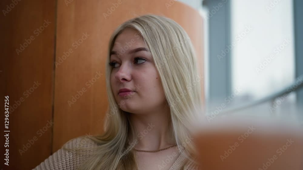 Russian lady sitting in mall looking contemplative around, possibly lost in thought or reflecting, with soft background blur of modern architecture and indoor setting Russian lady sitting in mall looking contemplative around, possibly lost in thought or reflecting, with soft background blur of modern architecture and indoor setting