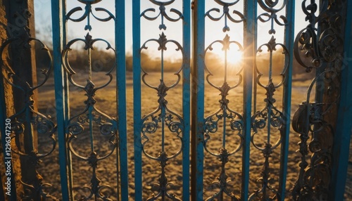 Ornate wrought iron gate at sunset detailed close up view showing intricate metalwork and sun rays