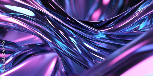 A hypnotic 3D abstract background featuring fluid metal ribbons, smoothly transitioning between glowing neon blues and purples. The reflections and intricate textures enhance the sci-fi cybernetic photo