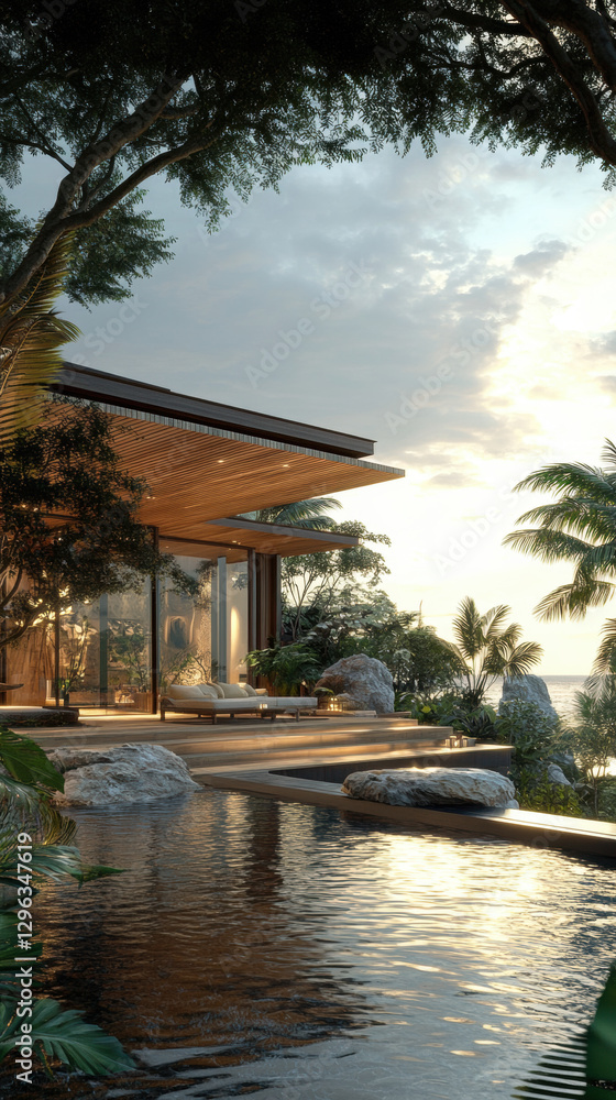 Naklejka premium Luxury villa with infinity pool overlooking the ocean at sunset