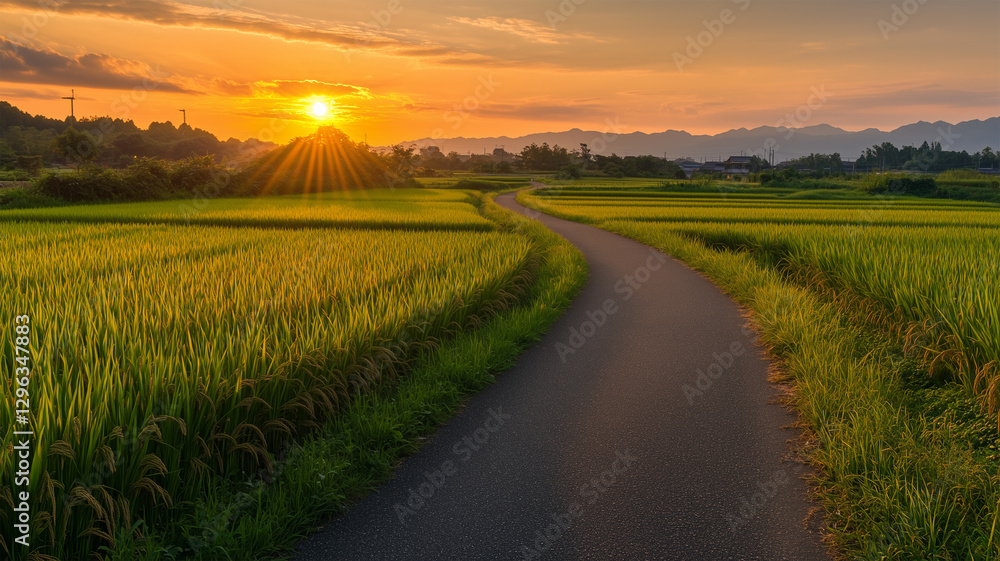 Obraz premium 夏の名残 – 夕暮れに染まる田舎道の静寂