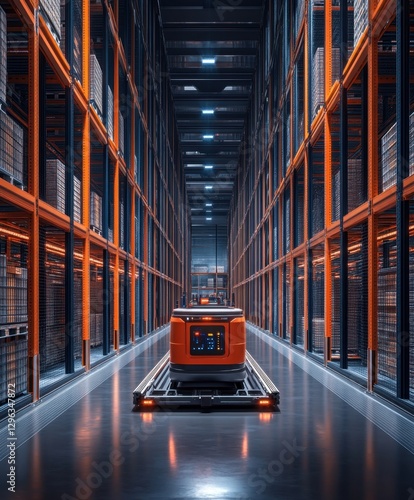 Advanced logistics system showcases automated robotic transport in a modern warehouse with stark premium lighting. Generative AI photo