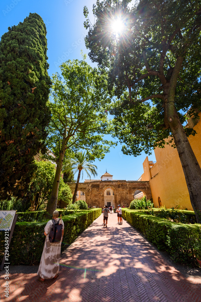 Sevilla, Spain - August 01, 2024: Patio de las Doncellas in Royal palace, Real Alcazar (built in 1360) in Seville, Andalusia, Spain. The Alcázar of Seville, officially called Royal Alcázar of Seville,