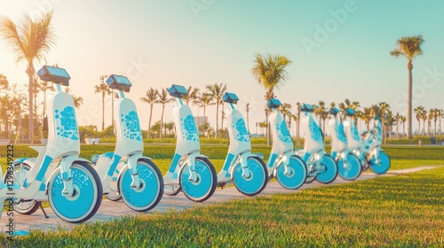 A row of blue and white electric scooters parked on a grassy area.