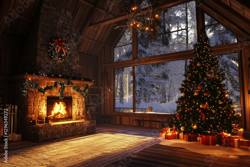 Wallpaper Mural A cozy Christmas cabin 3D background room with a beautifully decorated tree, a roaring fireplace, and large windows revealing a snowy forest outside. The warm holiday lighting and rustic wooden Torontodigital.ca