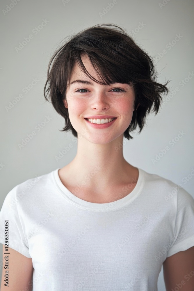 Young woman smiling joyfully in casual white t-shirt, highlighting confidence and positivity with natural beauty and fresh style in a neutral background. Young woman smiling joyfully in casual white t-shirt, highlighting confidence and positivity with natural beauty and fresh style in a neutral background.