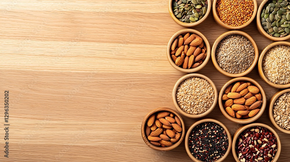 Raw Food and Food Safety Concept. Assorted Nuts and Seeds in Wooden Bowls on Table Raw Food and Food Safety Concept. Assorted Nuts and Seeds in Wooden Bowls on Table