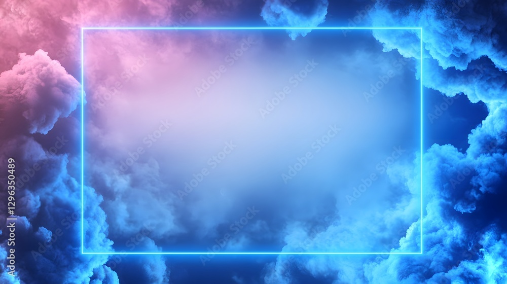 Fototapeta premium Glowing blue rectangle is framed by colorful fluffy clouds