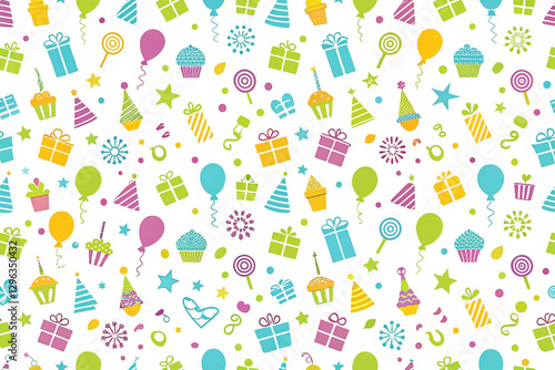 Wallpaper Mural Colorful birthday party seamless pattern with gifts, balloons, cupcakes, and confetti. Torontodigital.ca