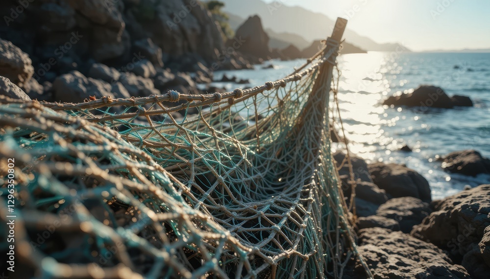 Obraz premium Rustic Fishing Net on Rocky Coastline at SunsetOcean Beach Scene Golden Hour