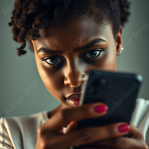 A young black woman looks at her cell or mobile with a look of concern, the victim of revenge porn, blackmail, hate crime or online fraud, 16:9 landscape format with copy space