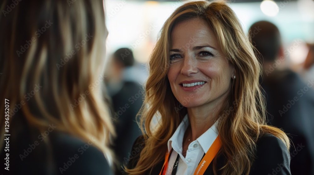 Obraz premium Businesswoman networking at a corporate event, engaging in conversation and building professional relationships at a conference, success and collaboration focus.