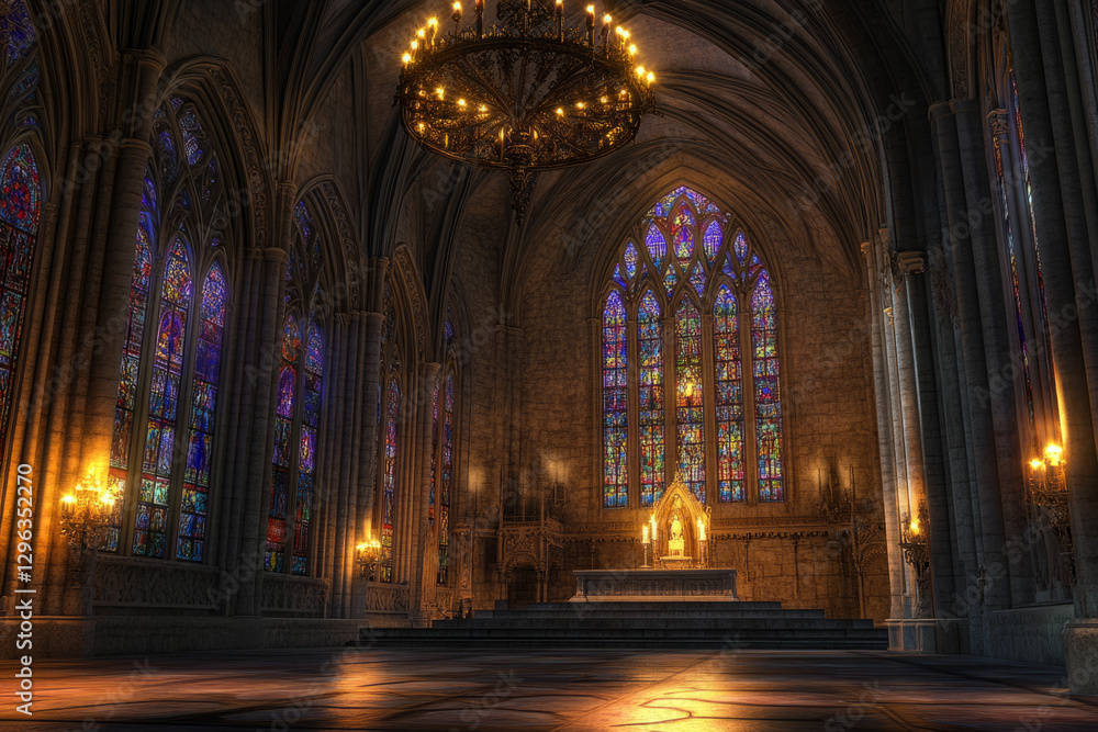 A grand gothic cathedral 3D background featuring an imposing marble podium at the center of the vast hall. Stained glass windows cast multicolored light across the intricate stone carvings, while A grand gothic cathedral 3D background featuring an imposing marble podium at the center of the vast hall. Stained glass windows cast multicolored light across the intricate stone carvings, while