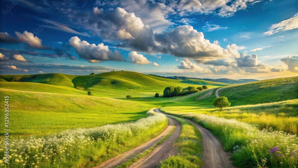 Obraz premium Serene Countryside Road Winding Through Lush Green Rolling Hills Under a Dramatic Sky