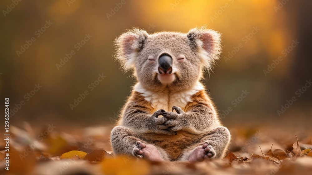 A tranquil koala sits peacefully with eyes closed, embodying calmness and serenity surrounded by soft autumnal hues and the gentle glow of evening sunlight. A tranquil koala sits peacefully with eyes closed, embodying calmness and serenity surrounded by soft autumnal hues and the gentle glow of evening sunlight.