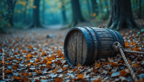 Old Wooden Barrel in Autumn Forest Path A Rustic Autumn Scene with Fallen Leaves