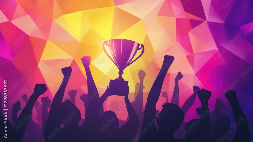 Crowd cheering with raised fists celebrating victory at event holding trophy, colorful abstract background, winner achievement, happiness, success, celebration. Crowd cheering with raised fists celebrating victory at event holding trophy, colorful abstract background, winner achievement, happiness, success, celebration.