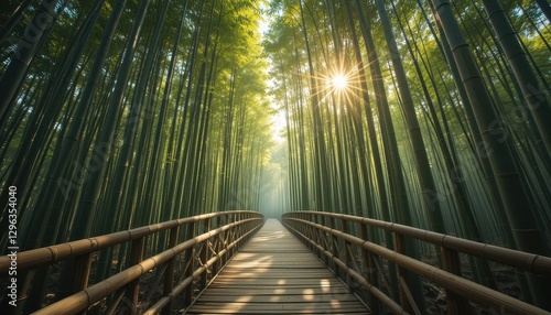 Serene Bamboo Forest Path Wooden Bridge Leading Through Lush Green Bamboo Grove at Sunrise