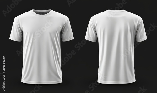 Blank white male t-shirt, template for your design mockup. Front and back view, black background