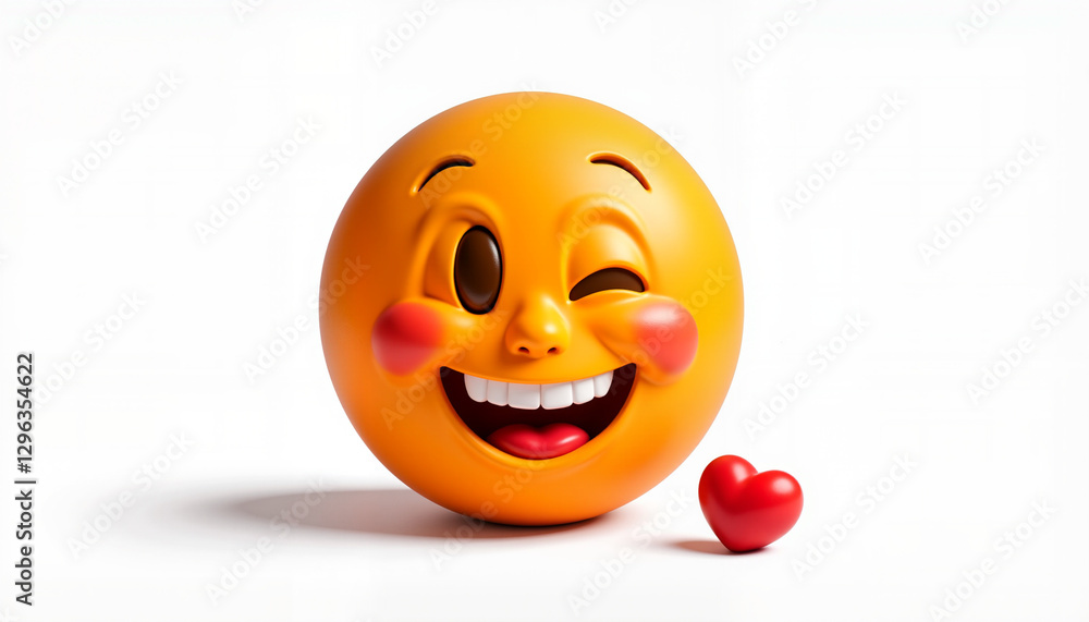 Fototapeta premium Joyful orange emoji winking with heart on white background, love expression