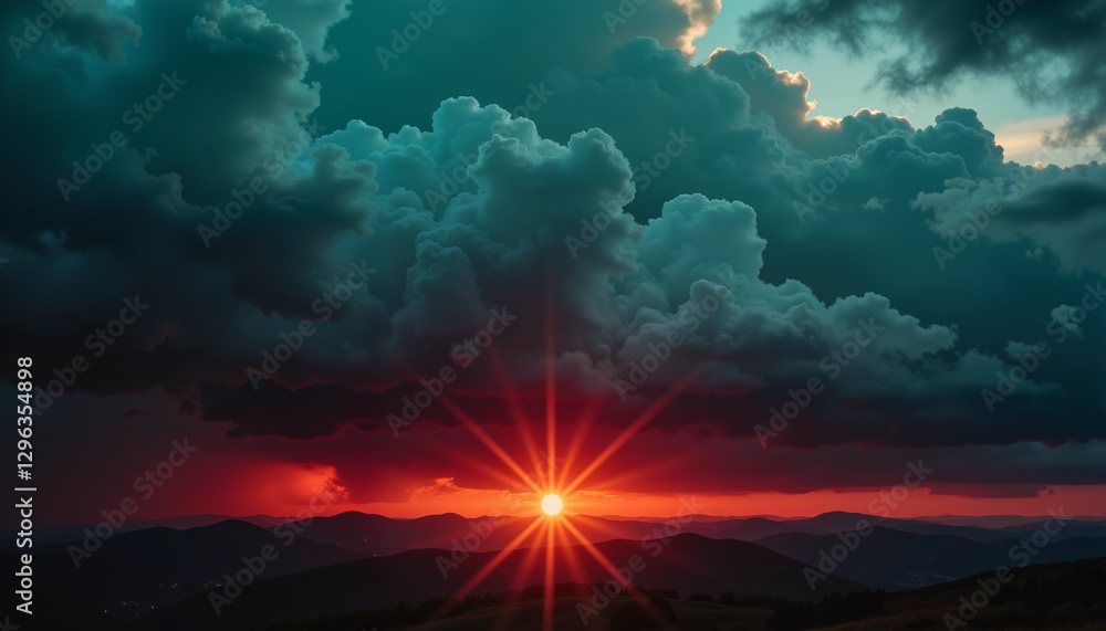 Fototapeta premium Crimson sunset fading behind teal clouds, serene nature beauty