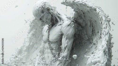 Chained angel statue, crumbling stone, ethereal, wings, sorrowful expression.  Digital art.