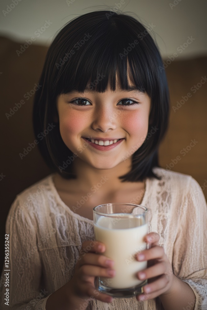 Girl smiling holding glass of milk at home, cheerful child enjoying nutritious drink, happy childhood moments, healthy lifestyle, family togetherness. Girl smiling holding glass of milk at home, cheerful child enjoying nutritious drink, happy childhood moments, healthy lifestyle, family togetherness.