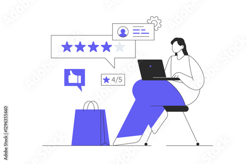 Customer feedback, survey, opinion concept. Woman Character give review rating and feedback on website. Flat Cartoon Vector Illustration, icon. Stylish abstract Flat design for website