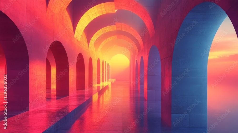 Obraz premium A long corridor of arches illuminated by a warm sunrise glow