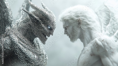 Angel and demon face off in a dramatic, ethereal confrontation.  Light and shadow highlight their opposing natures.