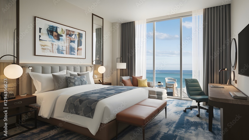Fototapeta premium Hotel room with plush bedding, a work desk, and views of the ocean or skyline.