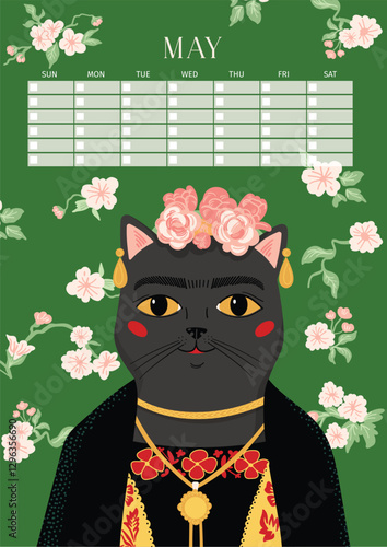 Frida Catlo, A Vibrant and Folk-Art-Inspired Cat Portrait with Floral Accents, Perpetual Calendar, Poster